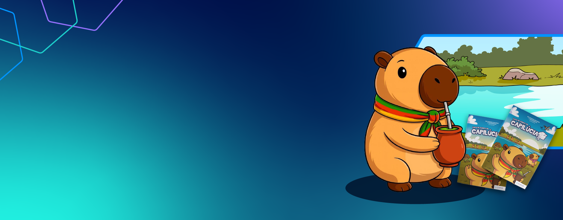 Ilustrao de uma capivara com leno verde, vermelho e amarelo e de revistinhas de histrias.