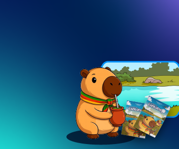 Ilustrao de uma capivara com leno verde, vermelho e amarelo e de revistinhas de histrias.