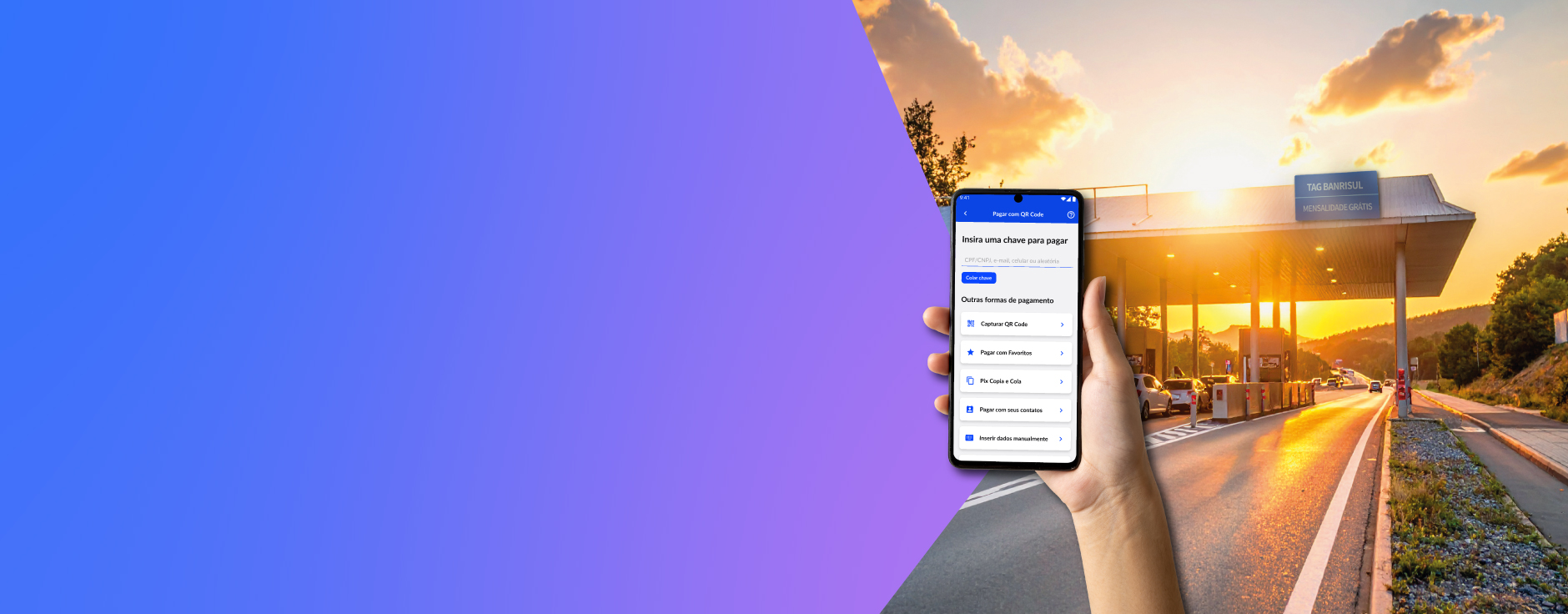 Foto de uma estao de pedgio e imagem da tela do app Banrisul onde solicita a Tag.