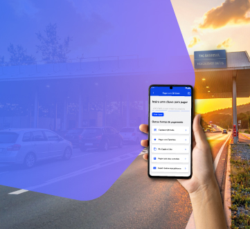 Foto de uma estao de pedgio e imagem da tela do app Banrisul onde solicita a Tag.