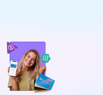 Imagem de mulher sorrindo com o celular mostrando um carto de crdito. Ilustrao dos cartes Banrisul Mastercard, de um smbolo de play com um cifro e de um hexgono com ondas.